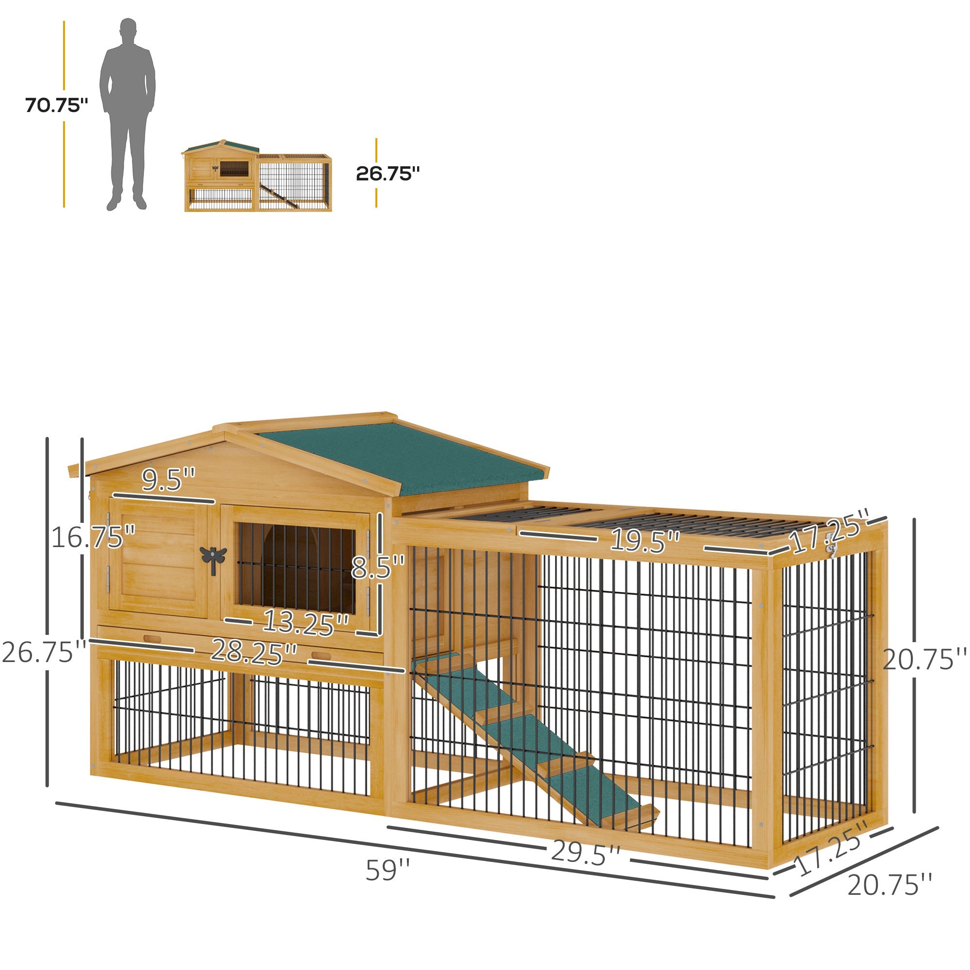 Pawhut Solid Wood Rabbit Hutch with 2 House Levels and Patio Space, Easy Clean