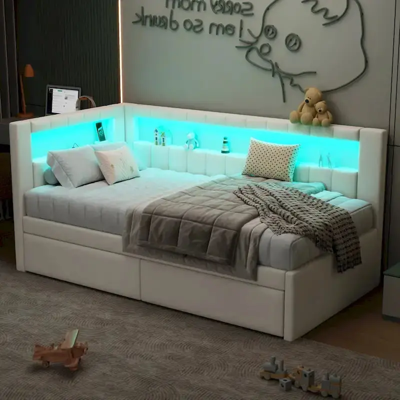Upholstered Platform Bed Frame – Modern Full or Twin Size with LED Lighting, USB Charging Ports, and Dual Under-Bed Storage Drawers
