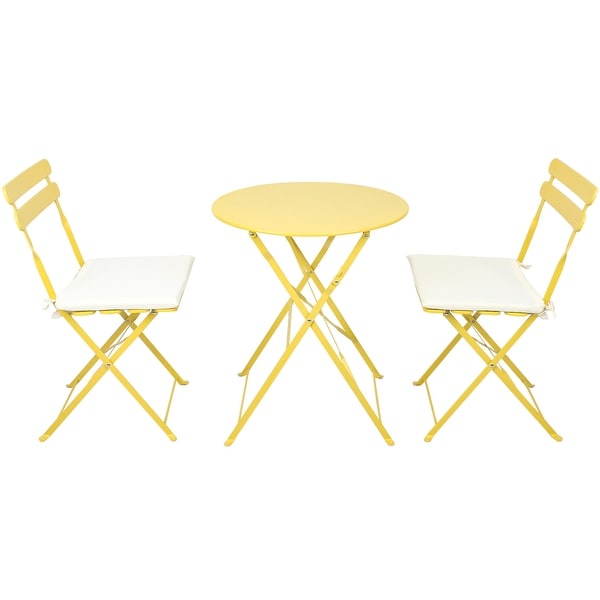 3Piece Metal Round Outdoor Bistro Set Foldable Patio Dining Sets with Beige Cushions