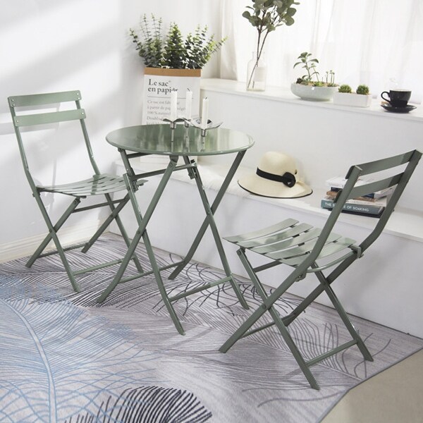 3 Piece Patio Bistro Set of Foldable Round Table and Chairs,Dark Green