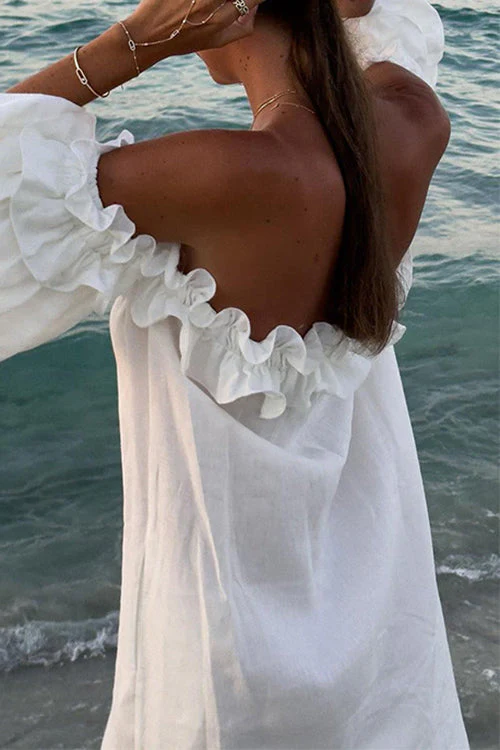 Off Shoulder Linen Maxi Dress with Ruffle SlitClistos