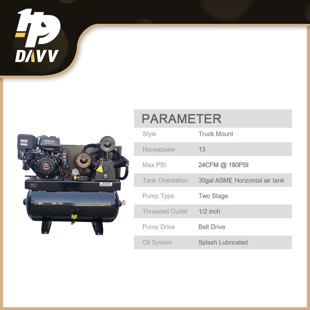 HPDAVV 13HP Gas-Powered 180psi Air Compressor 420CC Engine 30Gal Tank 24cfm 2 Stage