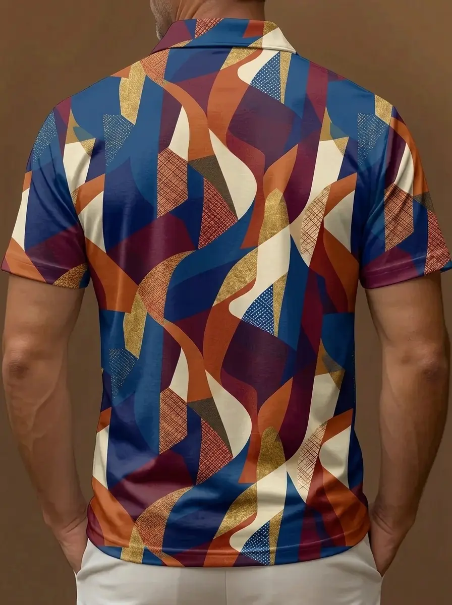 Blue Orange Gold Abstract Geometric Print Short Sleeve Golf Polo Shirt
