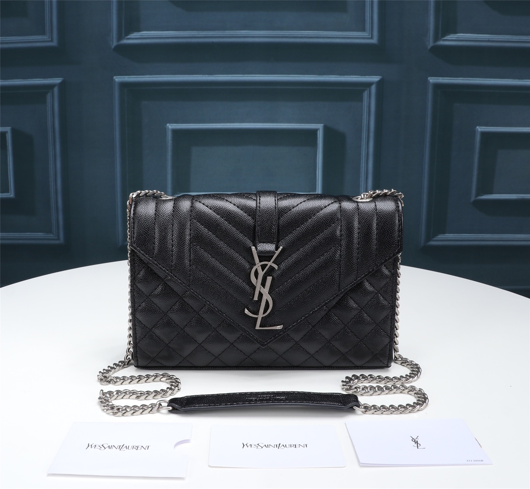 Saint Laurent Envelope Small Bag In Mix Matelasse Grain De Poudre Embossed Black Silver