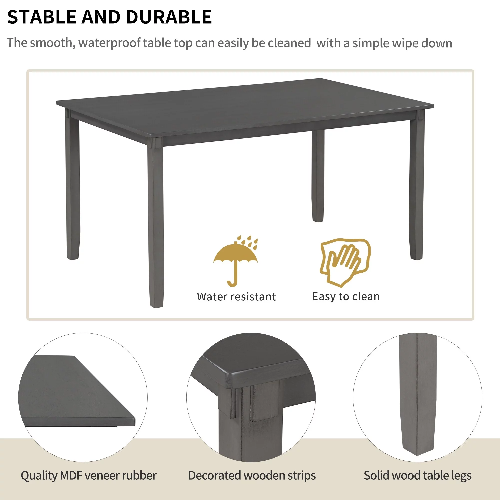Gray 6-Piece Wooden Dining Table Set with 4 Fabric Chairs and Bench, Seats for 6