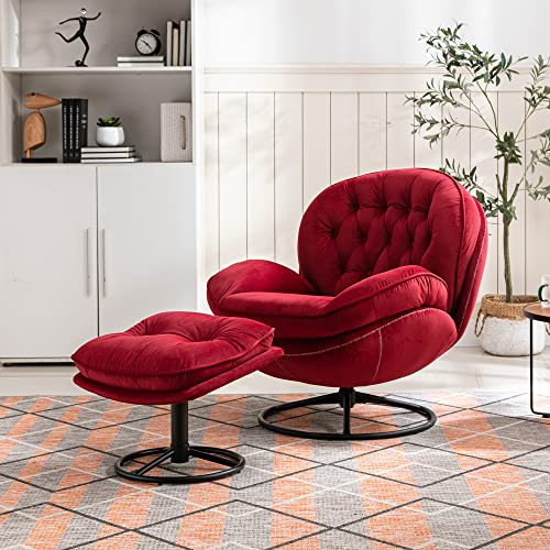 Baysitone Velvet Swivel Accent Chair with Ottoman Set, Modern Lounge Chair with Footrest, Comfy Armchair with 360 Degree Swiveling for Living Room, Bedroom, Reading Room, Home Office (Fruit Green)