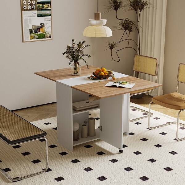 Folding Dining Table,Drop Leaf Dining Table with Wheels and 2Layer Storage Shelf