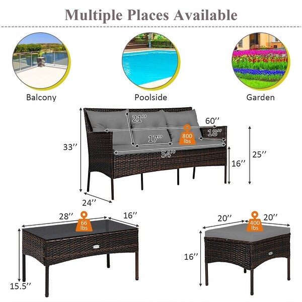 Costway 3PCS Patio Rattan Furniture Set 3Seat Sofa Cushioned Table
