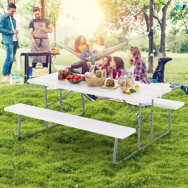 Folding Picnic Table Set with Metal Frame and AllWeather HDPE Tabletop,Umbrella Hole