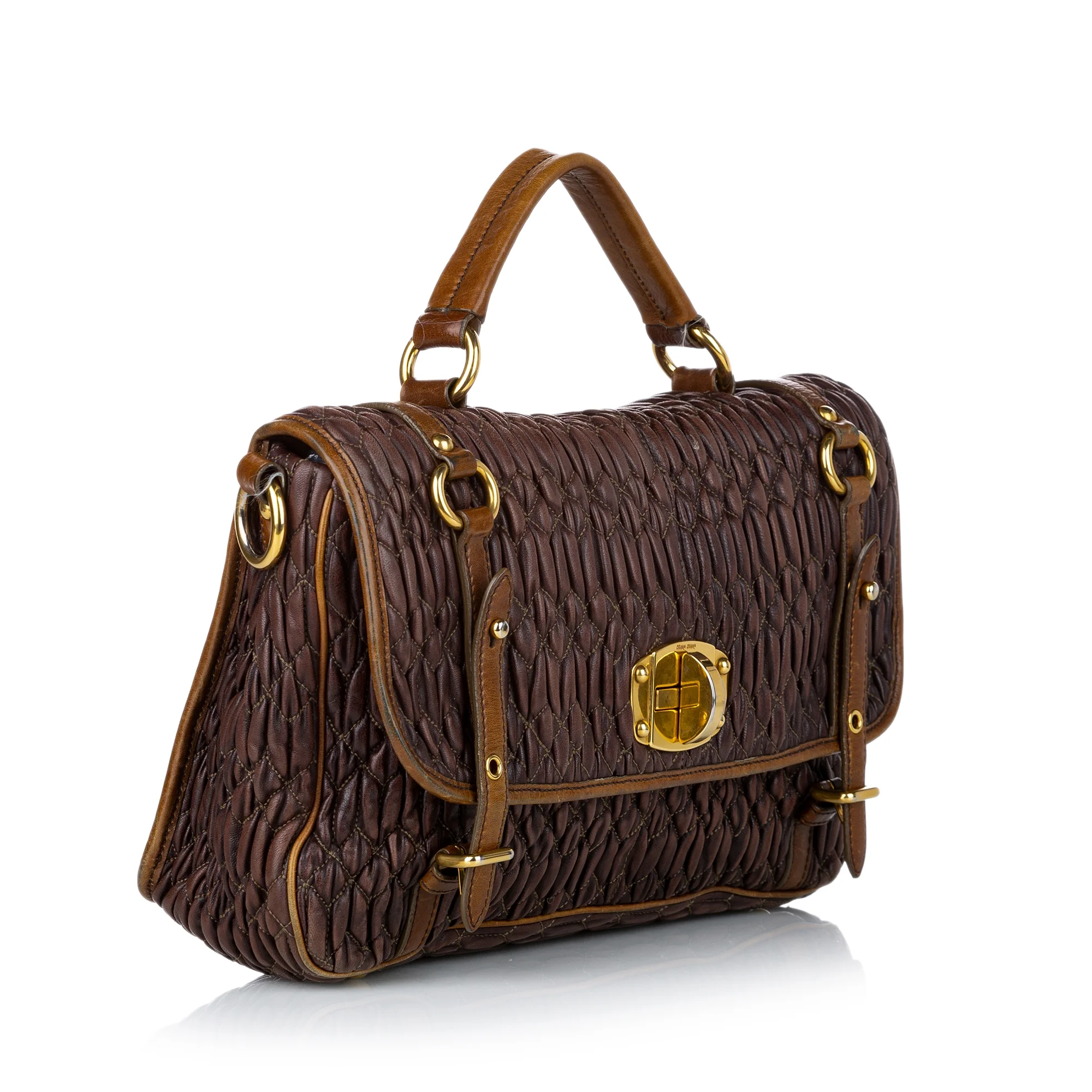 Pre-Owned Authenticated Miu Miu Matelasse Satchel Calf Leather Brown Women (Good)