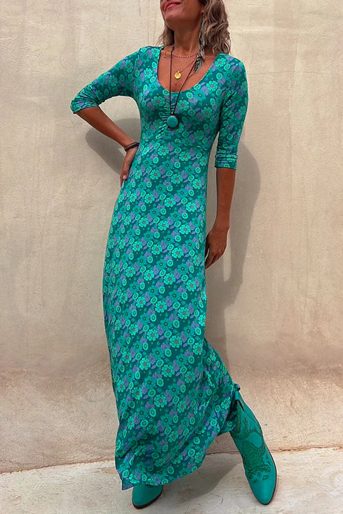 Floral Maxi Dress 3/4 Sleeve V-Neck A-Line KnitClistos
