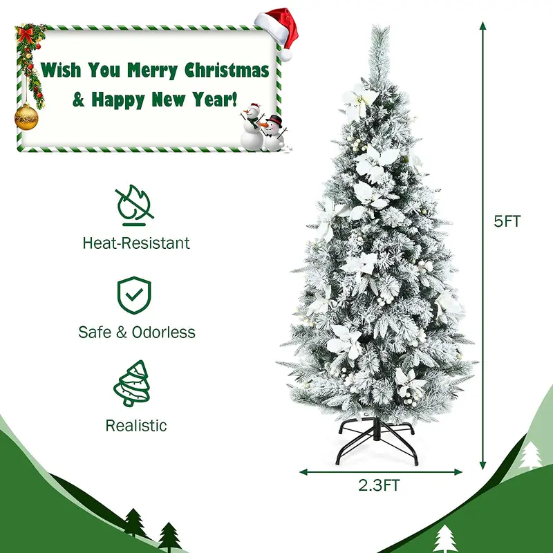 Slim Snow-Flocked Pencil Christmas Tree with White Berries – Hinged Artificial Xmas Tree