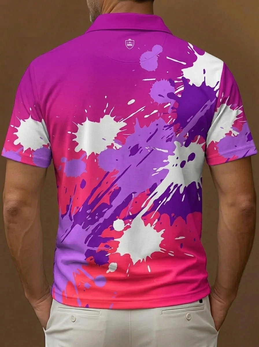 Purple Pink Paint Splatter Print Short Sleeve Golf Polo Shirt