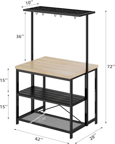 Kitchen Island with Storage, Bakers Rack with Power Outlet, Island Table for Kitchen,3 Tier Microwave Stand Oven Shelf,Large Coffee Bar Table, Storage Shelf for Kitchen Dining Room Living Room,5 Hooks