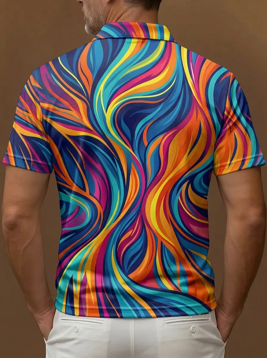 Multicolor Vibrant Swirl Abstract Print Short Sleeve Golf Polo Shirt