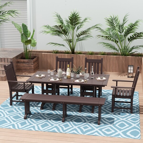 Polytrends Laguna Hdpe All Weather Outdoor Patio Dining Set with Rectangle Table,Arm Chairs and Bench (6Piece Set)