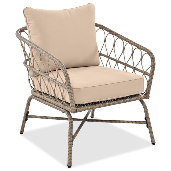 4Piece Wicker Patio Conversation Set with Beige Cushions,With Wood Tabletop