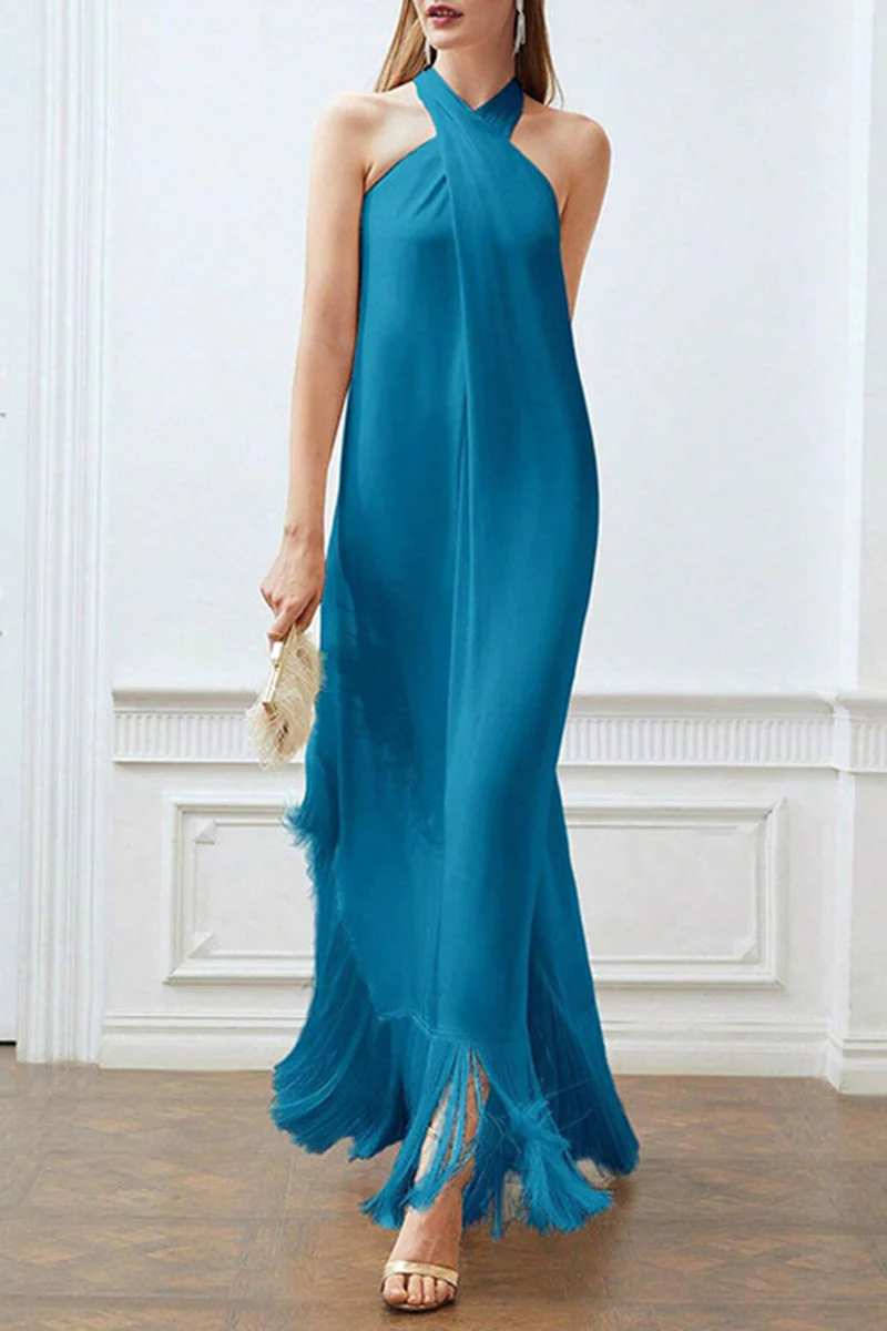 Elegant Halter Maxi Dress with Tassel DetailClistos