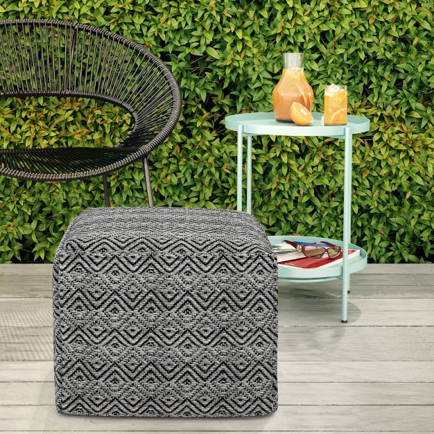 Flora Square Woven Pet Polyester Pouf Gray black Wyndenhall