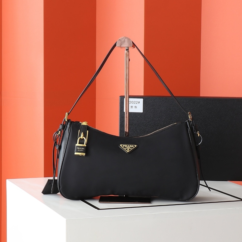 Prada Aimée Large Re Nylon Shoulder Bag With Padlock Black 34Cm