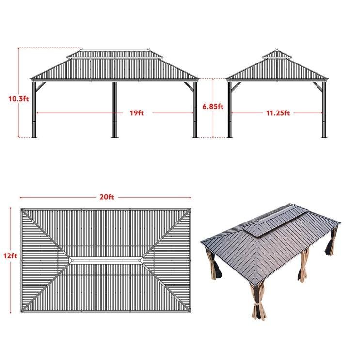 12’x20′ Galvanized Steel Hardtop Gazebo Double-Roof Pergola w/ Netting Curtain