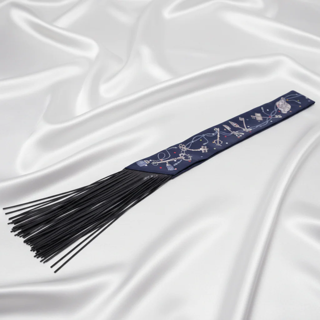 Hermès Les Clés à Pois Leather Fringes Twilly Bleu Marine/Gris Argent Silk