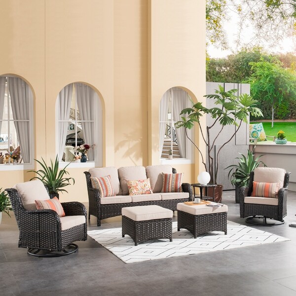 OVIOS 6piece Rattan Wicker Patio Furniture Set Swivel Gliding Chair Set