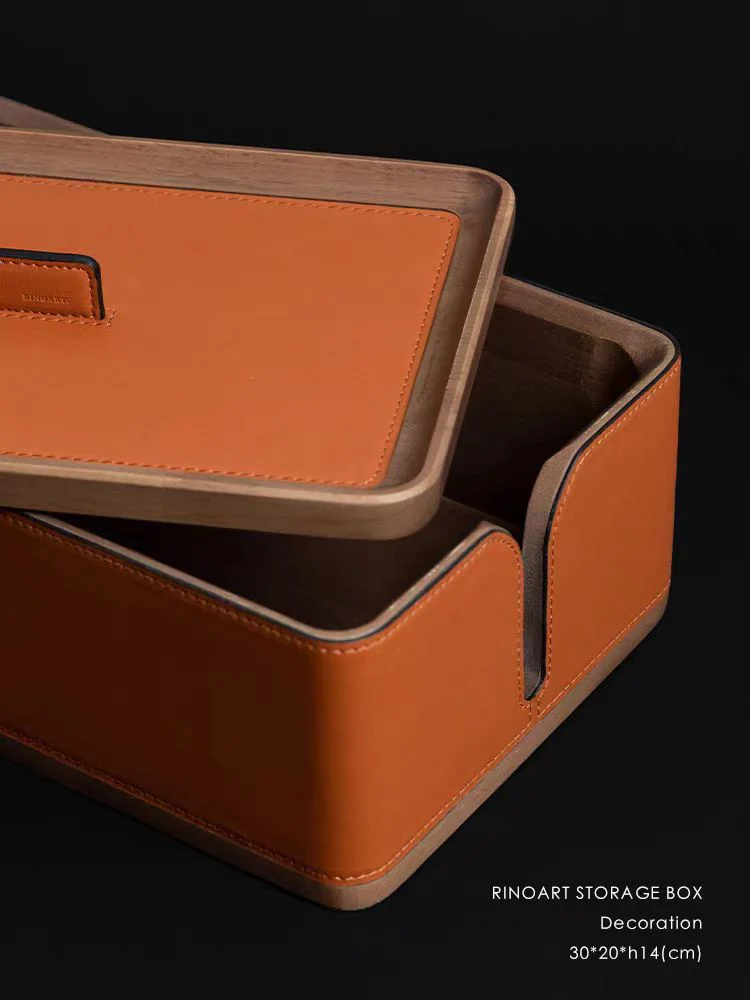 DC275 - Home Decor Hidden Plug Box! HDeco saddle leather solid wood large-capacity wire box desktop storage box