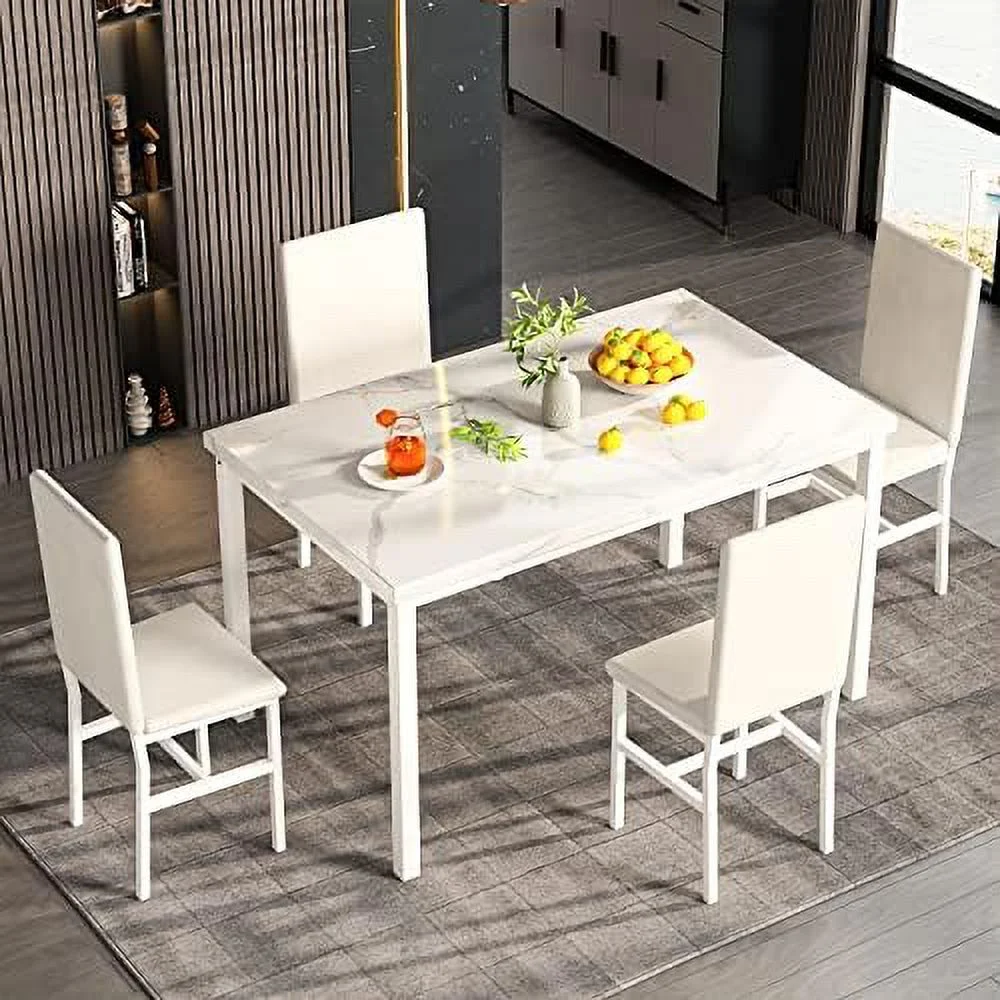 KHBIULIFE MIERE 5-Piece Faux Marble Kitchen Table & Chair Set  4 PU Metal Frame Chairs for Small  Modern Compact Space for Home  Breakfast Nook Cafeteria Dining Room w/ Racks  01 Whit
