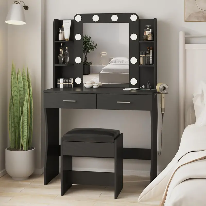 Vabches Functional Dressing Table – LED Lighting, Power Strip, and Organized Storage