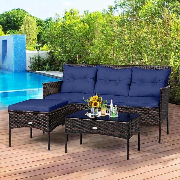 Costway 3PCS Patio Rattan Furniture Set 3Seat Sofa Cushioned Table
