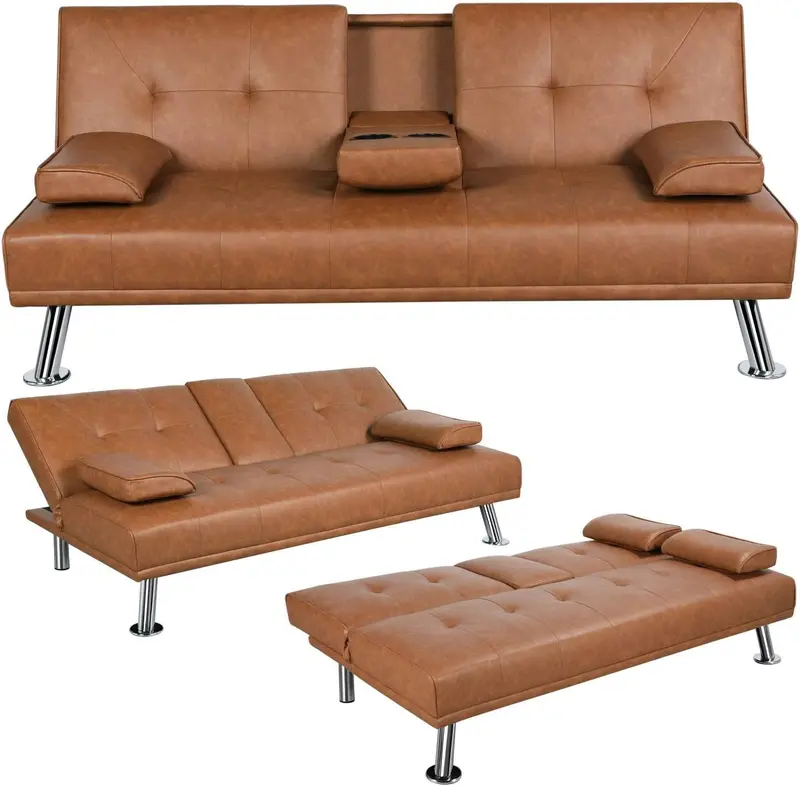Yaheetech Convertible Sofa Bed – Adjustable Faux Leather Recliner with Removable Armrests, Cup Holders, 3-Position Settings & 772 lb Weight Limit