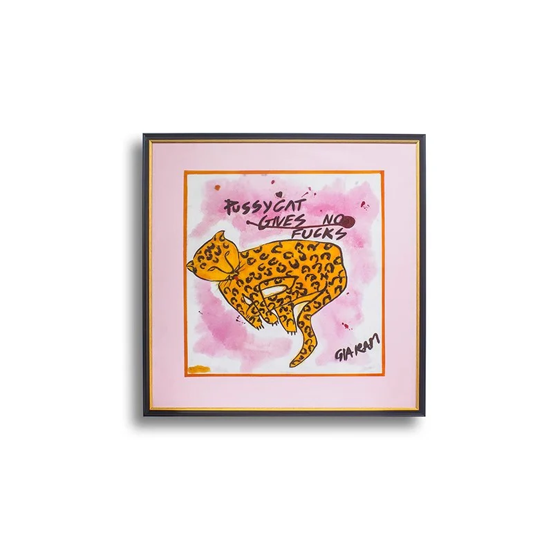 AH067 - Vintage Hand-Painted Oil Pink Leopard 
