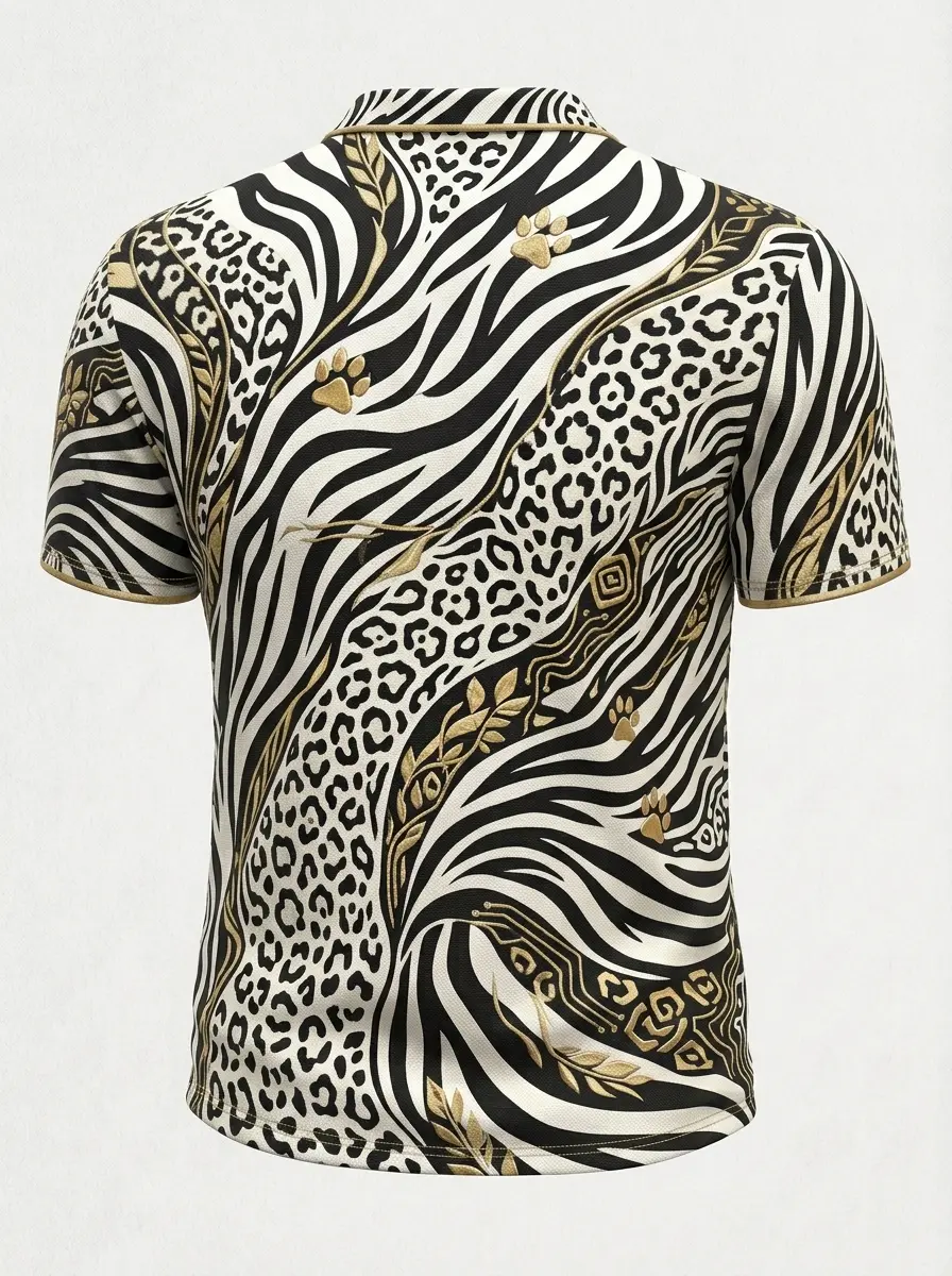 Moisture Wicking Golf Polo 3D Black Gold Animal Print Button Short Sleeve Golf Polo Shirt