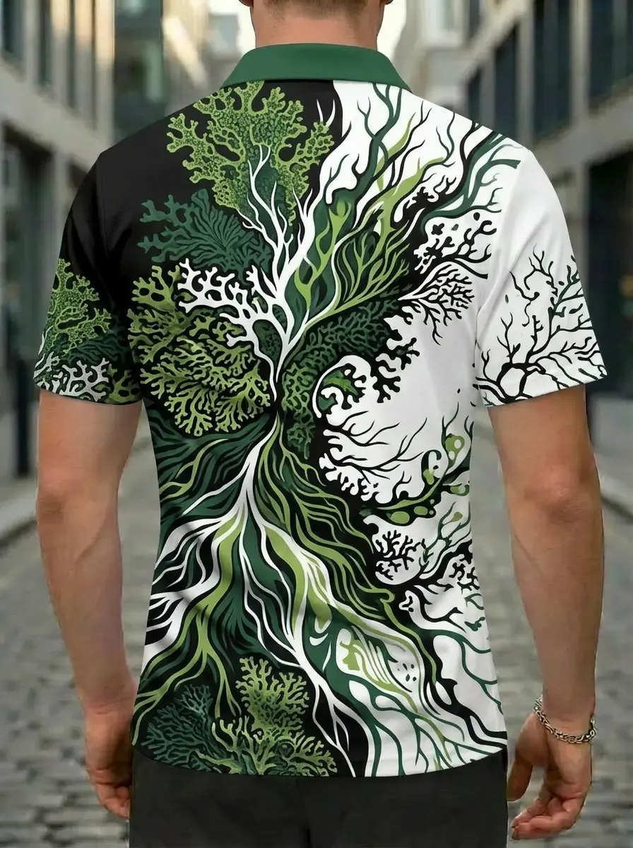 Moisture Wicking Golf Polo 3D Green Black White Coral Tree Button Short Sleeve Golf Polo Shirt