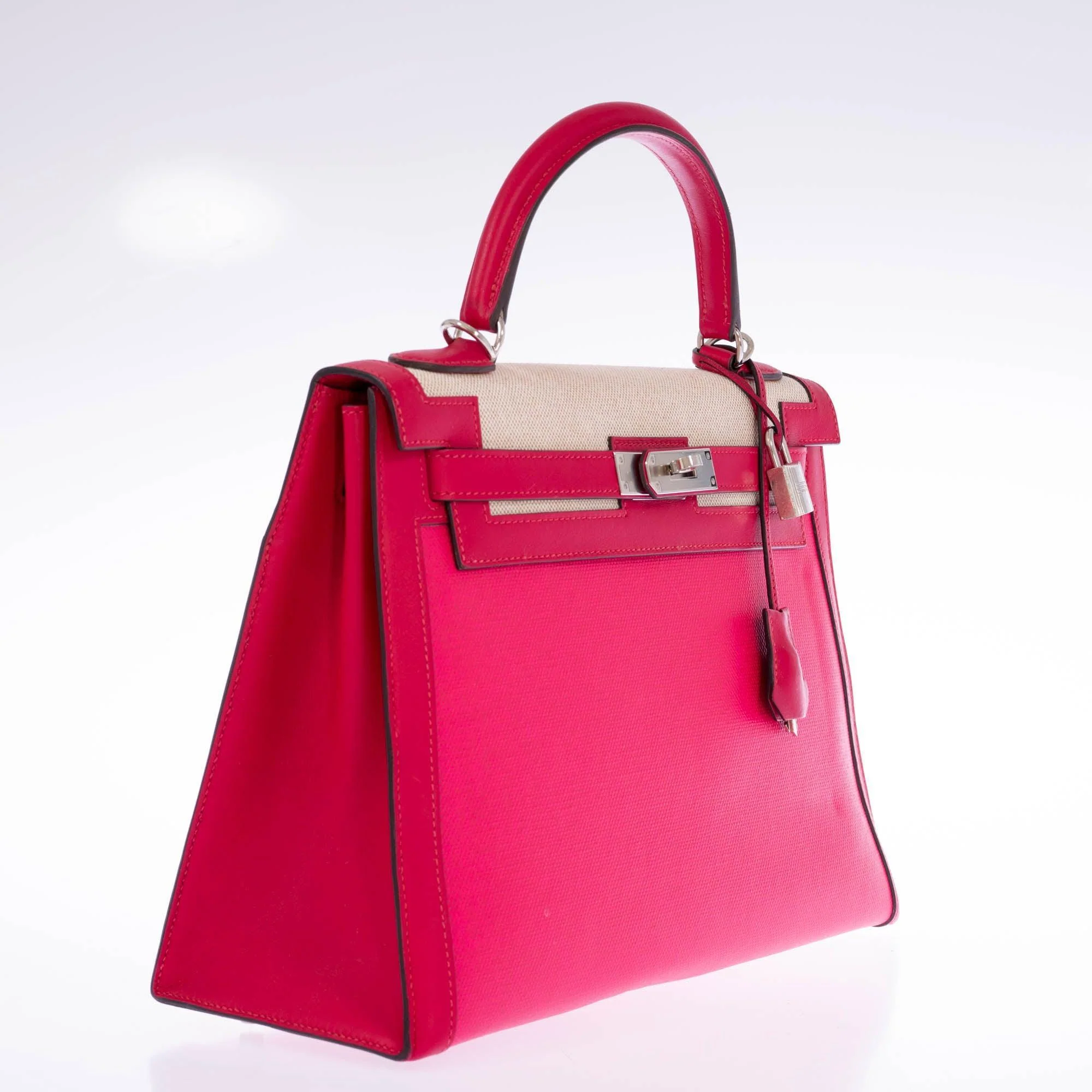 Hermès Kelly Sellier 32 Rose Shocking & Écru-Beige Toile & Framboise Leather Palladium Hardware
