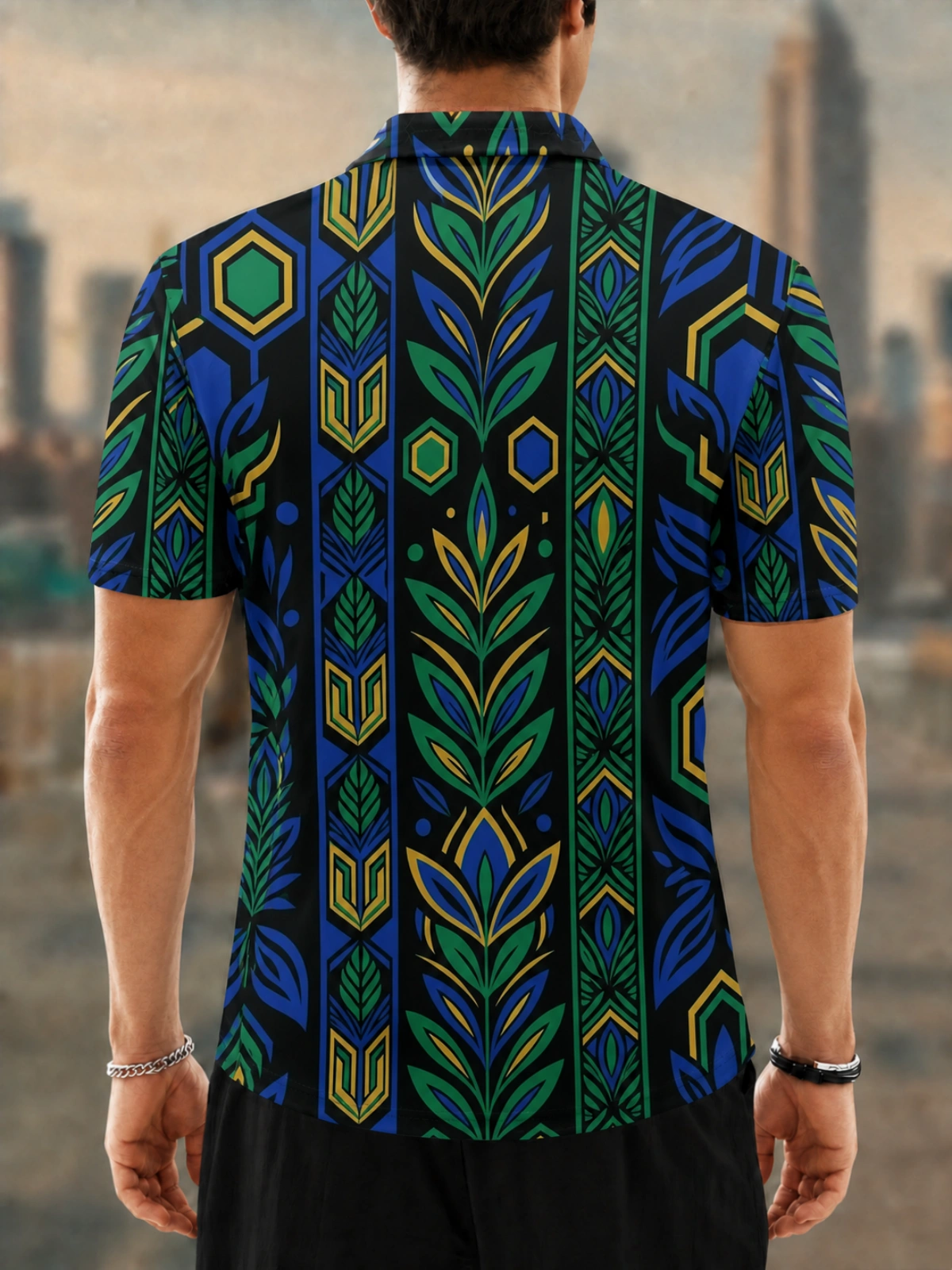 Moisture Wicking Golf Polo 3D Tribal Leaf Vertical Stripe Pattern Button Short Sleeve Golf Polo Shirt