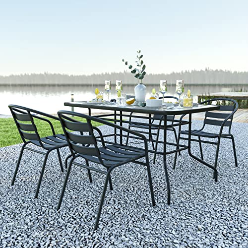 EMMA + OLIVER Patio Table & Chairs Set - Rectangular Metal Table with Tempered Glass Top - 4 Black Aluminum Stacking Chairs - All Weather for Indoor/Outdoor Use