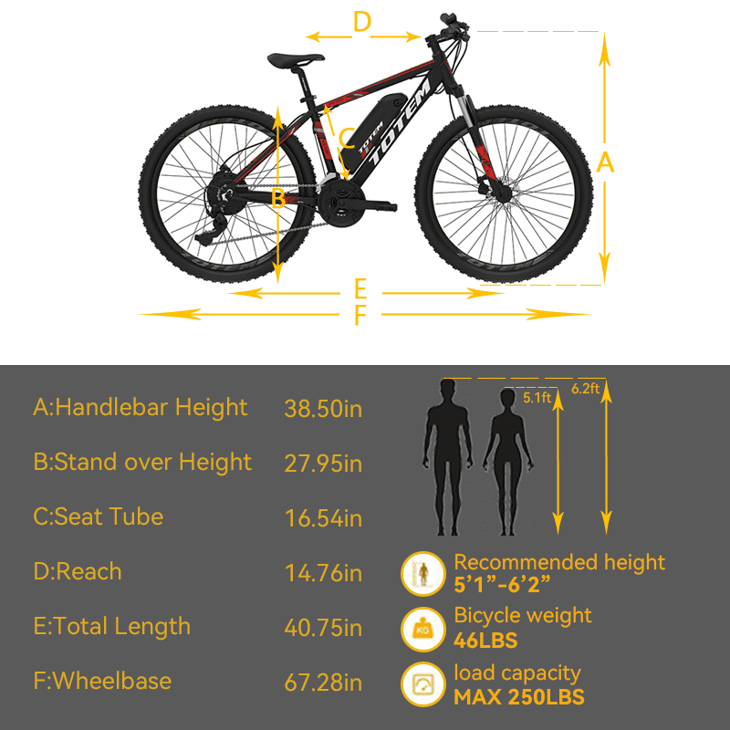Totem Victor2.0 350 W Mountain Electric Bicycle 26 in., 36V 10.4Ah Removable Battery, Shimano 21-Speed Gears for Adults, Adjustable Stem Upgrade,