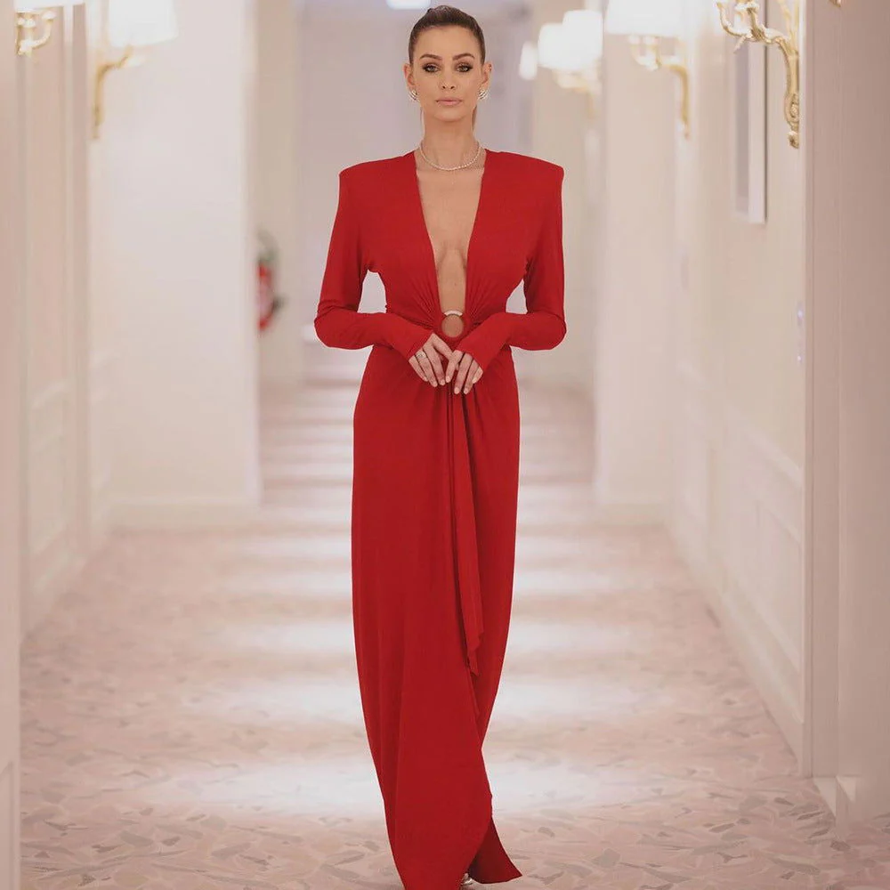 Ring Detail Plunging V-Neck Maxi DressClistos