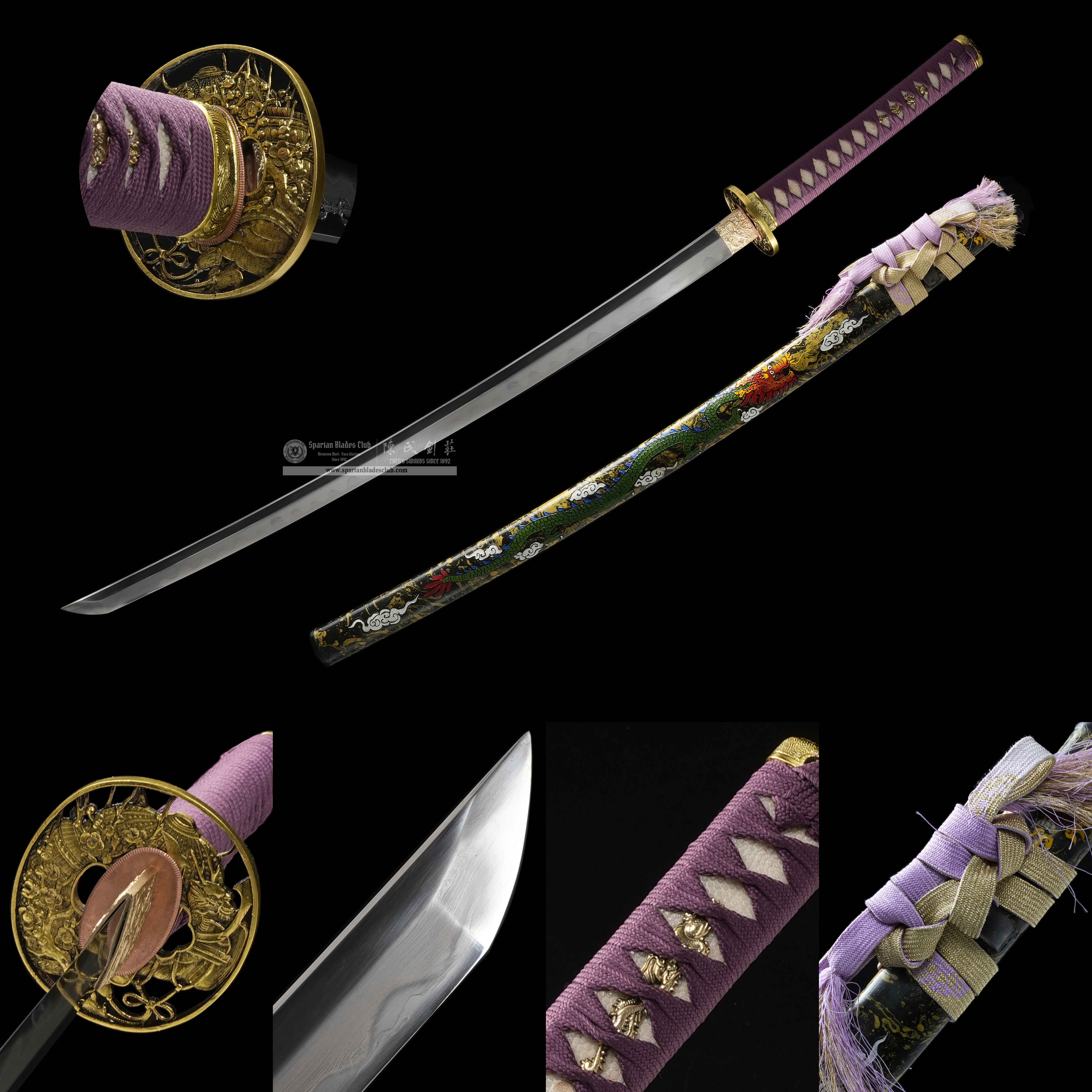 HY163 | Ziyun Loong | Katana | Honsanmai structure blade | T10 steel | Damascus steel | Clay-tempered | Real Hamon | Purple&Yellow | Loong (Chinese Dragon) | Battle-Ready | Full-tang | Spartan Blades Club | CHEN