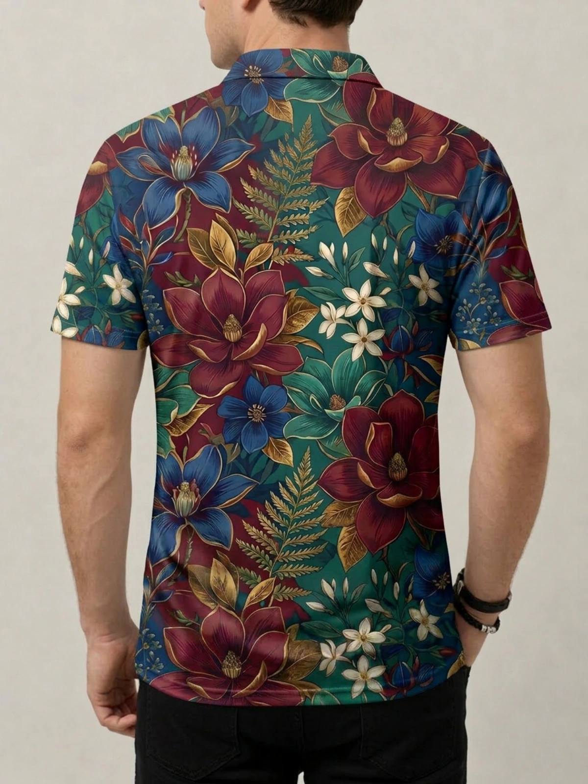 Deep Teal Red Floral Print with Gold Accents Short Sleeve Golf Polo Shirt