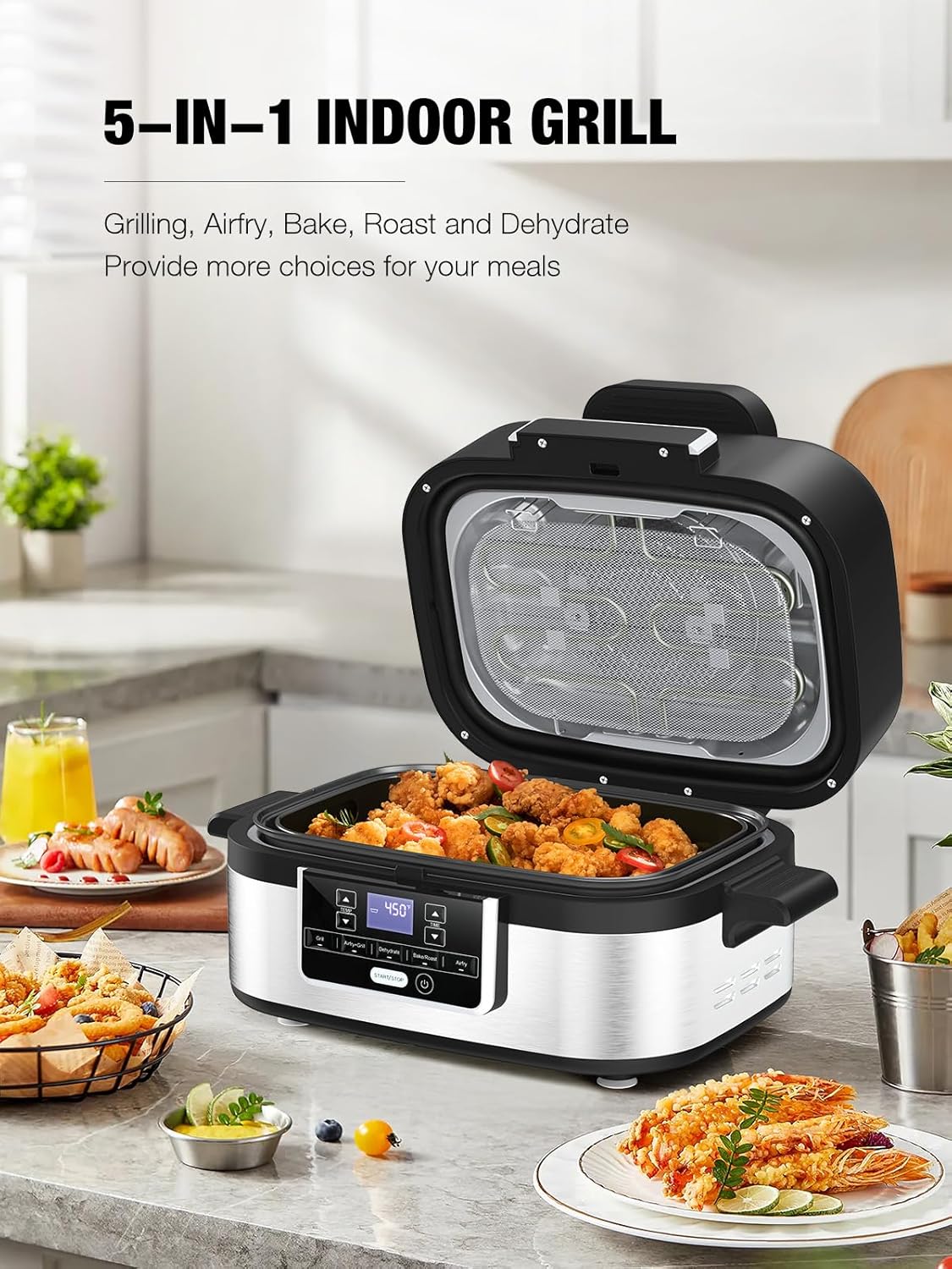 5-IN-1 5QT  Indoor Air Fry, Crisps, Roasts, Reheats, & Dehydrates, for Quick, Easy Meals,Nonstick，Black