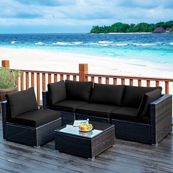 Costway 5PCS Patio Rattan Furniture Set Cushioned Sofa and Chair Coffee