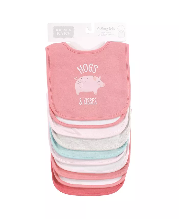Hudson Baby Infant Girl Cotton Bibs, Hogs And Kisses  Set, One Size