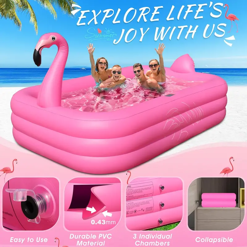 Solar-Powered Flamingo Inflatable Pool – 105″ x 65″ x 25″ LED-Lit, Thickened Kiddie & Adult Backyard Splash Pool