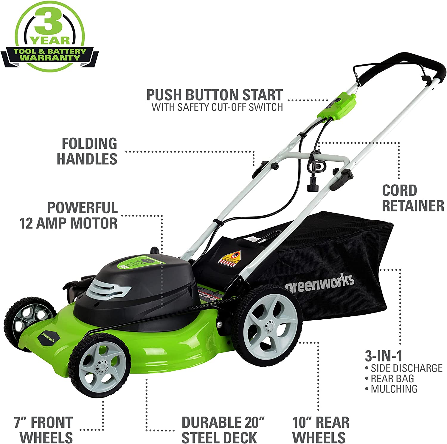 Greenworks 12 Amp 20-Inch 3-in-1Electric Corded Lawn Mower, 25022