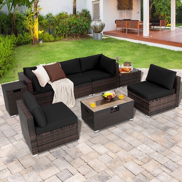 Costway 8PCS Patio Rattan Furniture Set Fire Pit Table Tank Holder