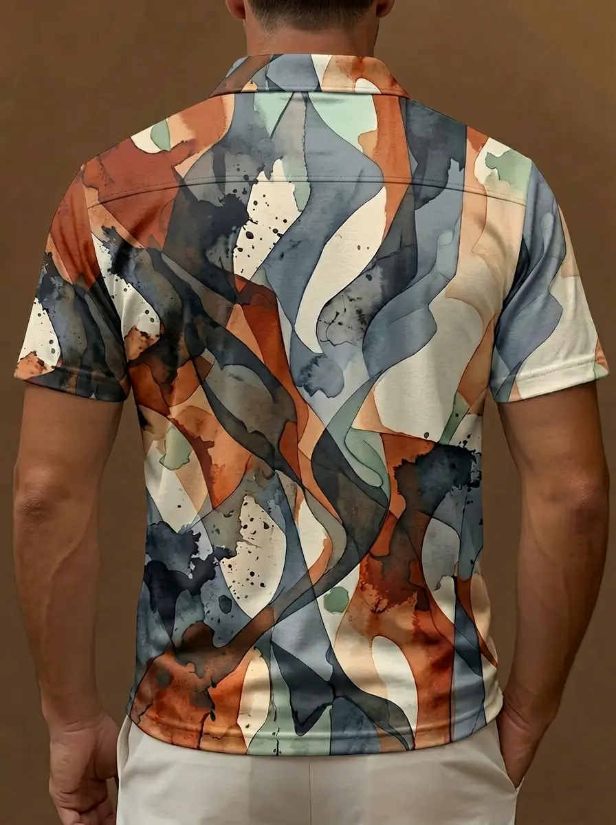 Orange Grey White Watercolor Abstract Print Short Sleeve Golf Polo Shirt