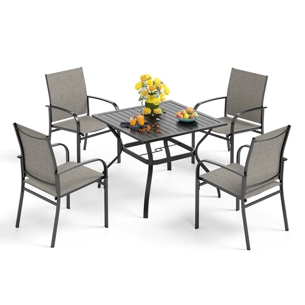 MAISON ARTS 6Piece Patio Dining Set,37 Inch Square Metal Table and 4 Textilene Dining Chairs with 9ft Patio Umbrella